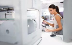 Female designer working in a white studio lab